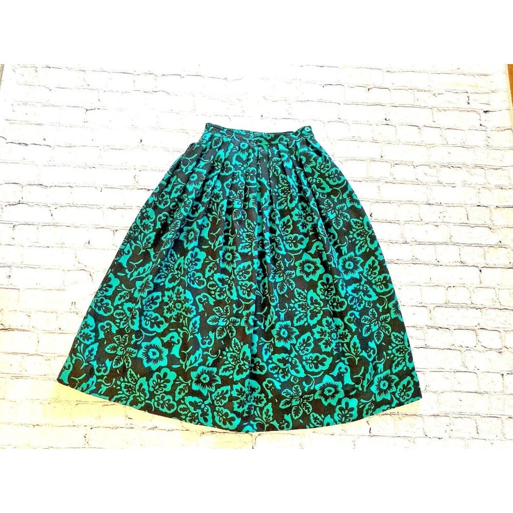 Rodier Skirt‎ Sz 36 Fits XXS Vintage Black Green Floral Pocket Pleated Long Midi